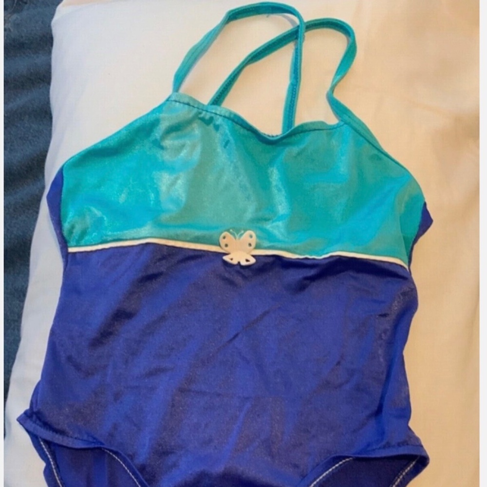 Circo Girl  Blue  One Piece Swim Suit Size M with White Butterfly Detail 7 8